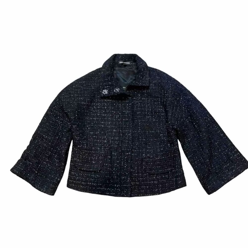 EXPRESS DESIGN STUDIO SZ 0 CROPPED BOUCLE EYELASH TWEED FUNNEL NECK JACKET - Picture 2 of 7